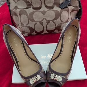 Coach Women's Brown and Tan Peep-Toe Wedge Heels & Matching Purse